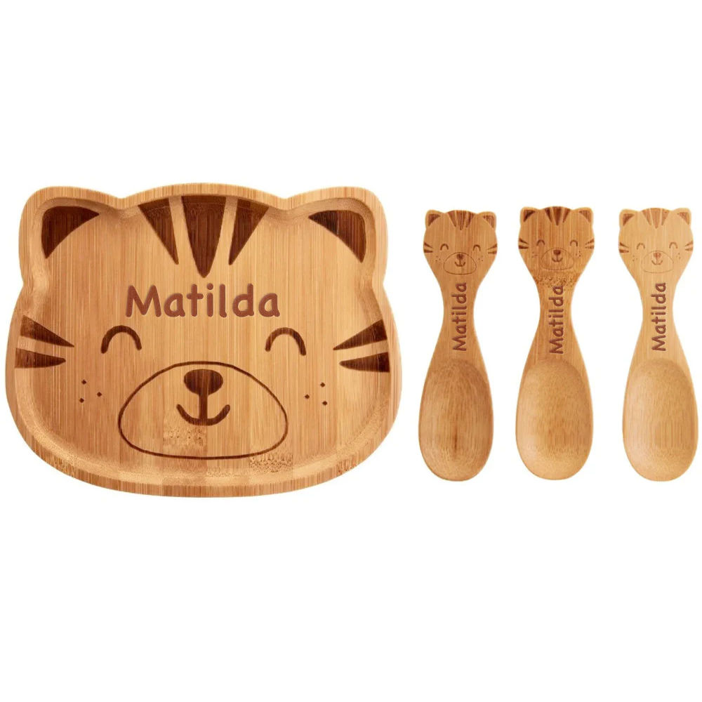 Personalised Engraved Tiger Bamboo Weaning Plate and Spoons Set