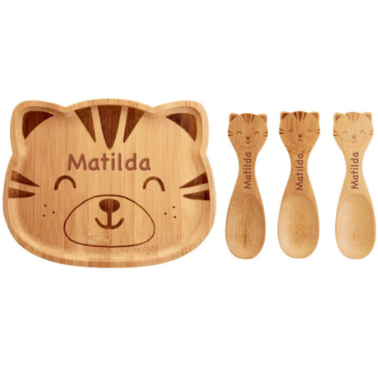 Personalised Engraved Tiger Bamboo Weaning Plate and Spoons Set