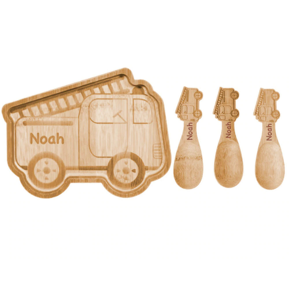 Personalised Engraved Bamboo Fire Engine weaning Baby Plate And Spoon Weaning Set