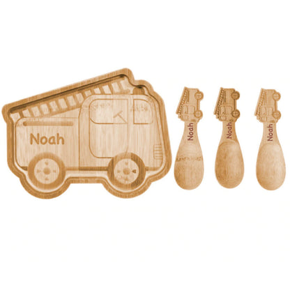 Personalised Engraved Bamboo Fire Engine weaning Baby Plate And Spoon Weaning Set