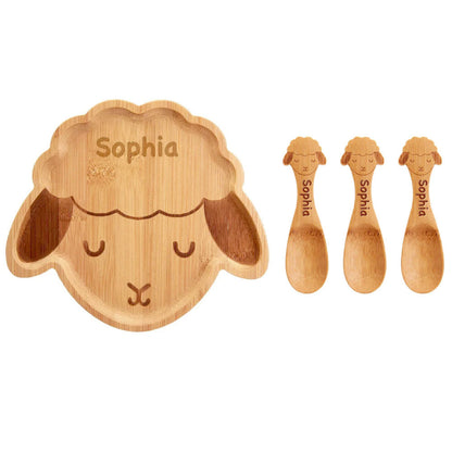 Personalised Engraved Baa Baa Lamb Bamboo Baby Plate and Spoons Weaning Set
