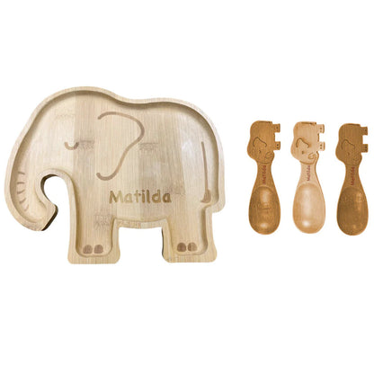 Personalised  Engraved Elephant Bamboo Baby Plate and Spoon Set