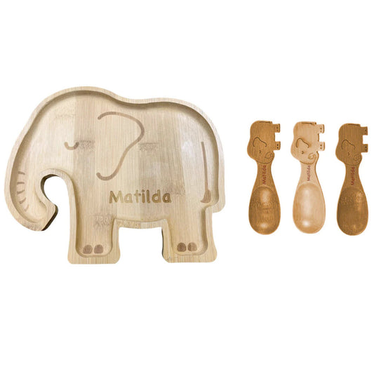 Personalised  Engraved Elephant Bamboo Baby Plate and Spoon Set