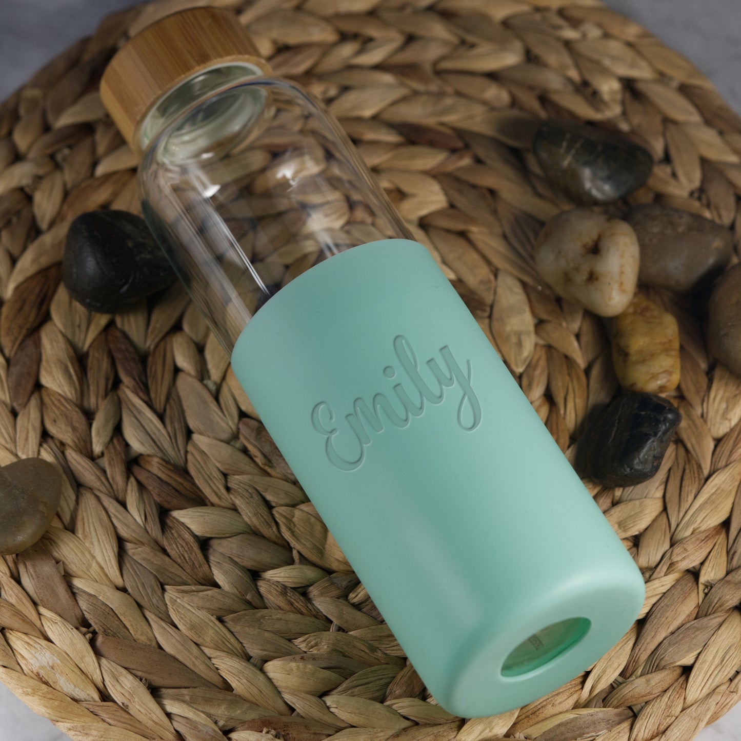 Personalised Engraved Mint Green Silicone Sleeve Glass Water Bottle 550ml