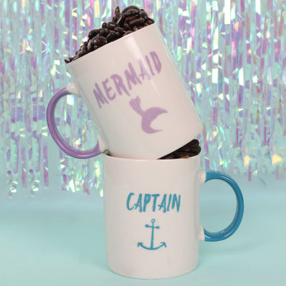 Pair of Captain and Mermaid Couple Ceramic Mugs