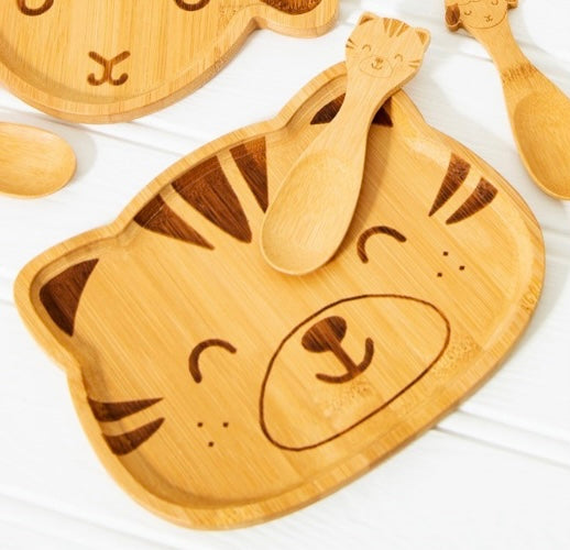 Personalised Engraved Tiger Bamboo Weaning Plate and Spoons Set