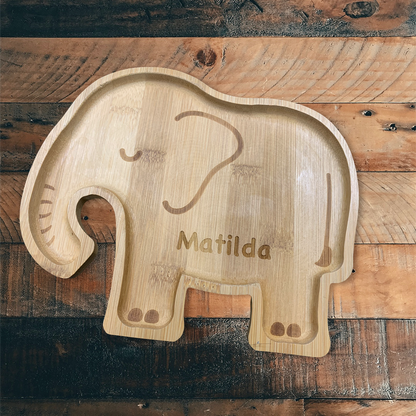 Personalised  Engraved Elephant Bamboo Baby Plate and Spoon Set