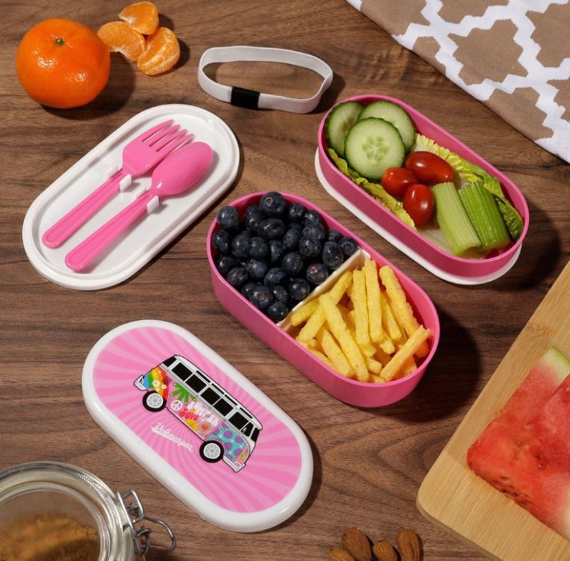 Volkswagen VW Campervan Bus Surf Adventure Stacked Bento Lunch Box with Fork & Spoon Pink