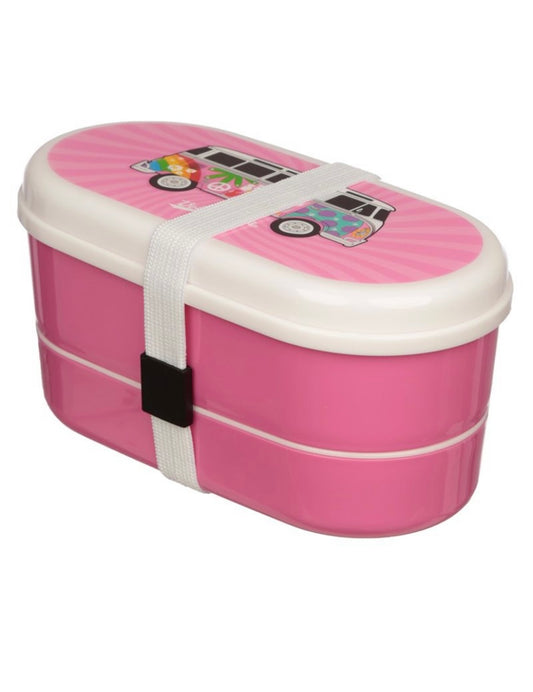 Volkswagen VW Campervan Bus Surf Adventure Stacked Bento Lunch Box with Fork & Spoon Pink
