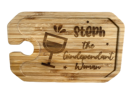 Personalised Engraved Bamboo Handheld Wine Glass Holder Serving Plate