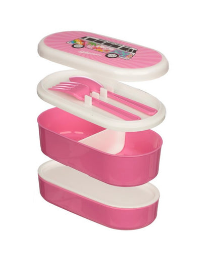 Volkswagen VW Campervan Bus Surf Adventure Stacked Bento Lunch Box with Fork & Spoon Pink