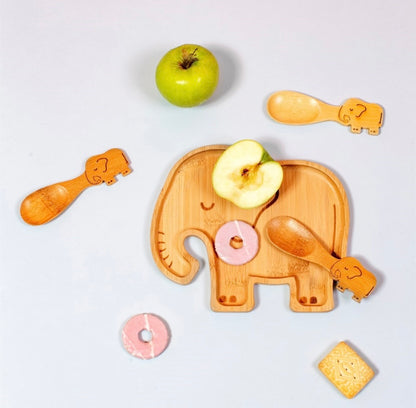 Personalised  Engraved Elephant Bamboo Baby Plate and Spoon Set