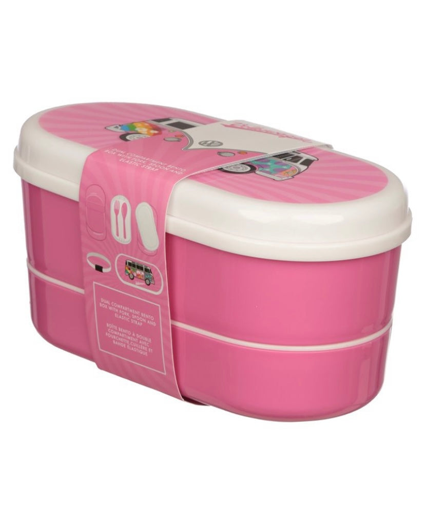 Volkswagen VW Campervan Bus Surf Adventure Stacked Bento Lunch Box with Fork & Spoon Pink
