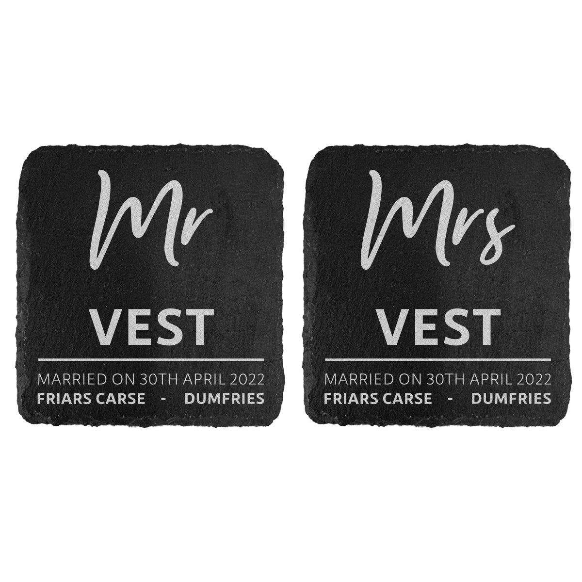Personalised Wedding Gift for Couple - Set of Two Mr & Mrs Slate Coasters