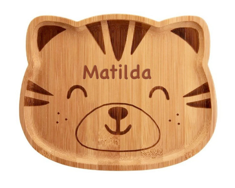 Personalised Engraved Tiger Bamboo Weaning Plate and Spoons Set